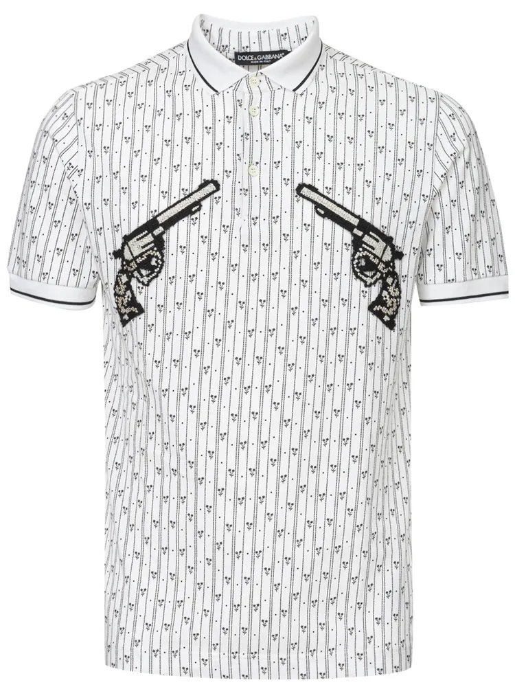 Dolce & Gabbana White Piquet Polo Shirt with Allover Print
